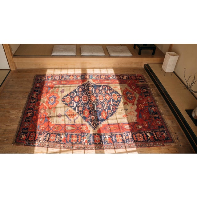 Red 1900s Tan Camel Medallion Antique W. Persian Bijar Sampler Rug 4'6" X 6'9" Handknotted Wool Carpet For Sale - Image 8 of 9