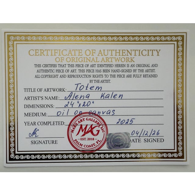 Original Abstract Textured Oil Painting by Alena Kalen "Totem" Framed, Coa For Sale - Image 9 of 10