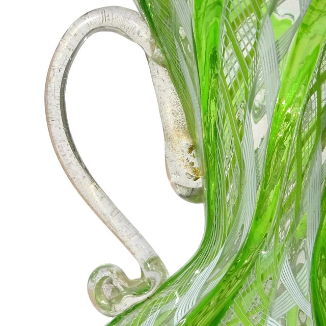 Murano Murano Venetian Style Green White Gold Flecks Italian Art Glass Vintage Footed Double Handles Flower Vase For Sale - Image 4 of 6