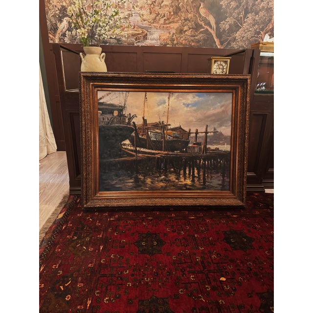 Large Atmospheric Harbor Scene Oil Painting, Signed “Spiers” – 40” X 50” For Sale - Image 4 of 5