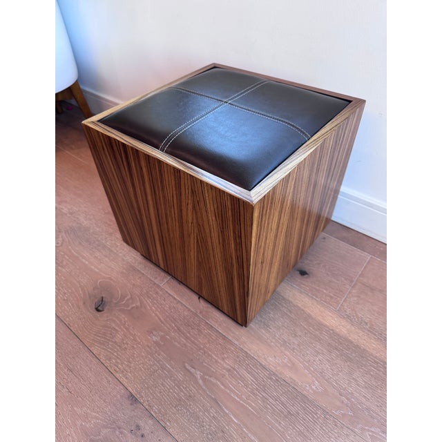 Pair of Modern Wood Cube Stools With Brown Leather Upholstered Tops For Sale In Los Angeles - Image 6 of 13