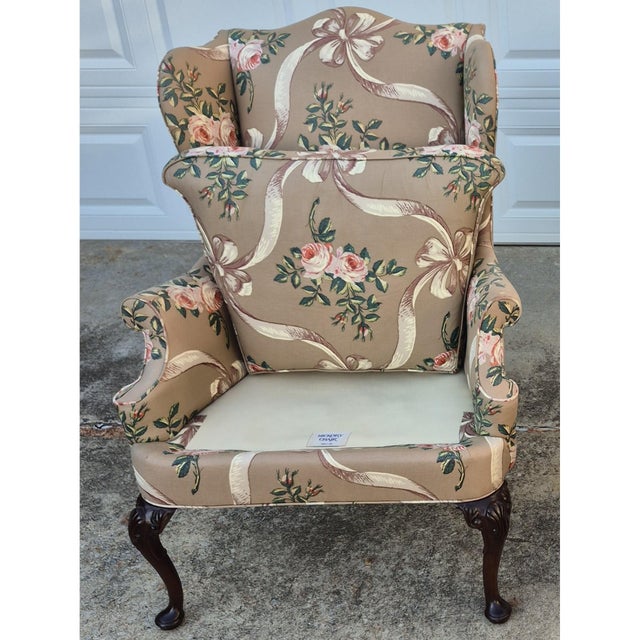 Wood Late 20th Century Hickory Chair Cocoa Brown Rose and Ribbon Pattern Wing Back Arm Chair For Sale - Image 7 of 13