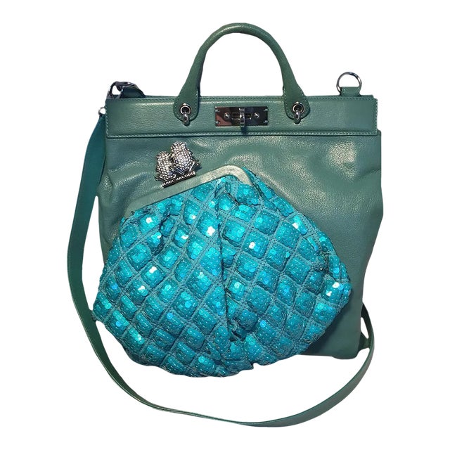 Marc Jacobs Seafoam Green Leather and Sequin Small Duffy Frog Tote For Sale