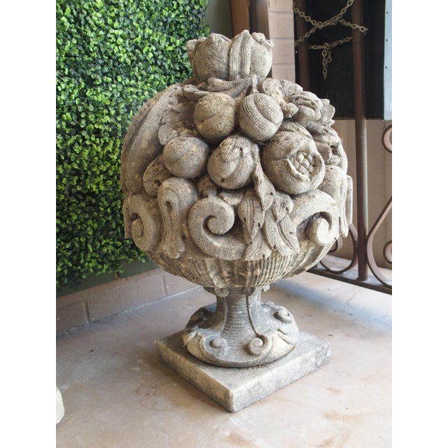 Pair of Highly Sculpted and Weathered Limestone Fruit Bouquets From Italy For Sale - Image 11 of 12