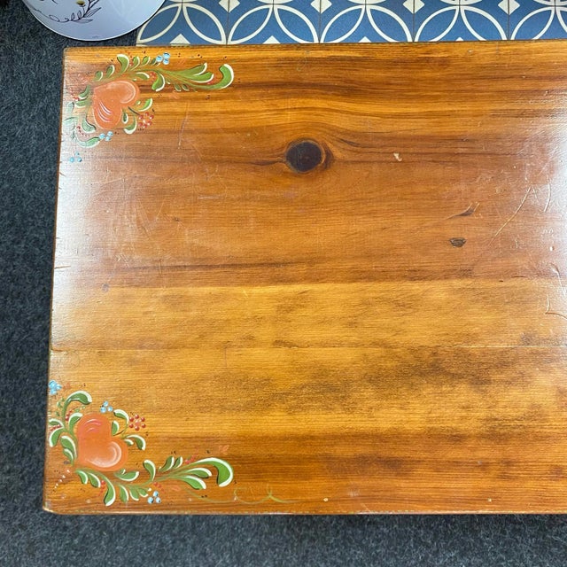 Vintage Danish Style Handcrafted Folk Art Wood Bench With Hand Painted Designs For Sale - Image 4 of 14