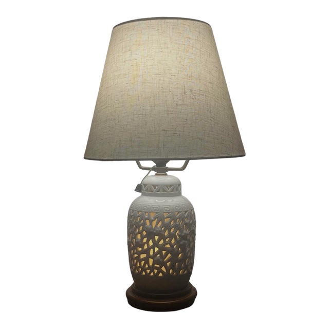 Mid Century Chinoiserie Blanc De Chine Bedside Table Lamp Doubles as a Nightlight For Sale