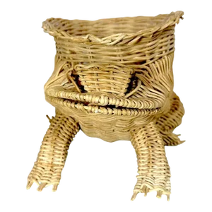 Vintage Wicker Frog Planter With Marble Eyes