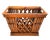 Handcrafted, mid-late 20th century bamboo and rattan storage basket featuring warm honey-brown coloring, decorative open...