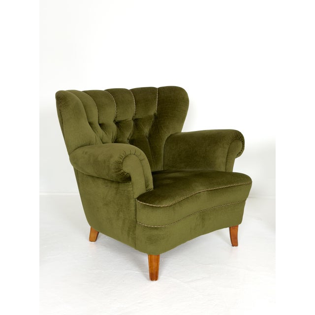 Modern Lounge Chairs in Olive Mohair Velvet, Sweden, 1940, Set of 2 For Sale - Image 3 of 8