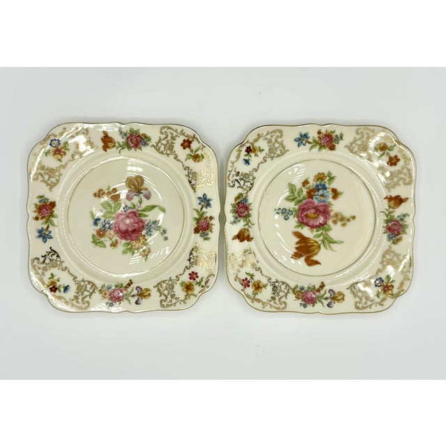 Pink 1920s Schlaggenwald Czechoslovakia Square Plate Floral Gold - Set of 4 For Sale - Image 8 of 8