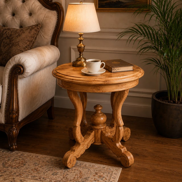 Solid Wood Carved Round Side Table, Handcrafted Vintage Accent Lamp Table For Sale - Image 10 of 10