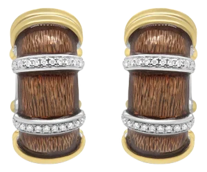 18K Yellow and White Gold Flash Plated .925 Sterling Silver Clear Brown Enamel 9/10 Cttw Round Diamo