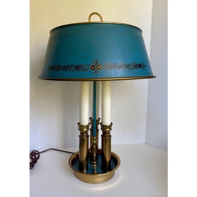 Vintage French Empire Revival Blue Tole and Brass Bouillotte Lamp For Sale - Image 14 of 14