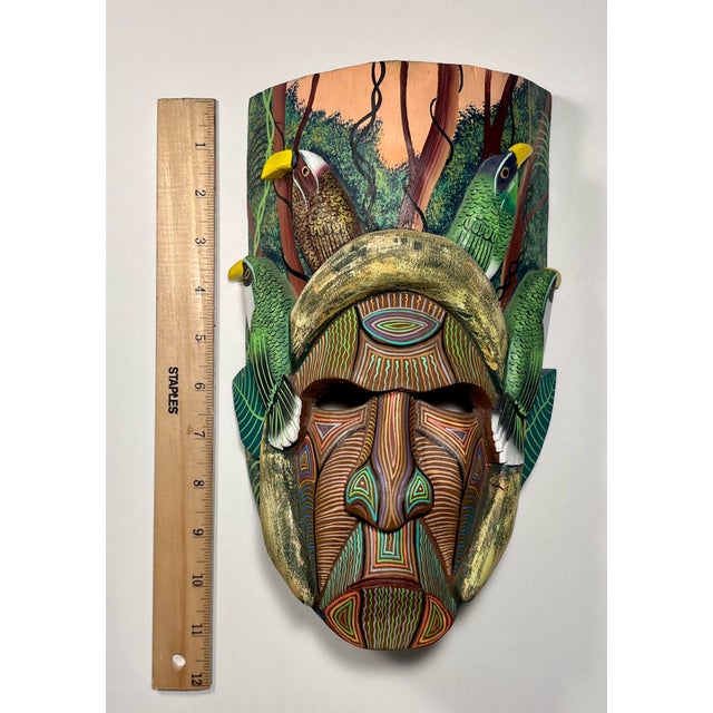 Green Vintage Boruca Indian Wall Art Costa Rica Hand Carved Painted Wood 10” X 6” For Sale - Image 8 of 9