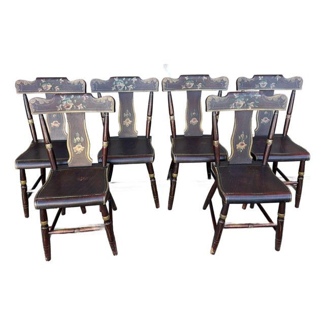 Set of 6 19th C. Adams/York County Pa Paint-Decorated Plank Seat Kitchen Windsor Chairs For Sale