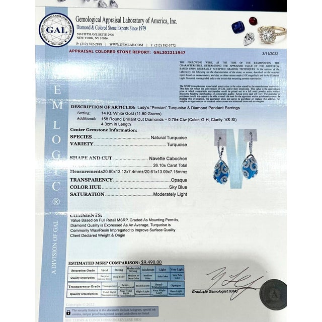 Persian Turquoise Diamond Pendant Earrings 14k WG 26.85 TCW Certified For Sale - Image 9 of 15