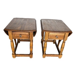 Vintage Riverside Oak Drop-Leaf End Tables With Drawers – Pair For Sale