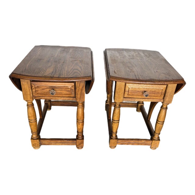 Vintage Riverside Oak Drop-Leaf End Tables With Drawers – Pair For Sale