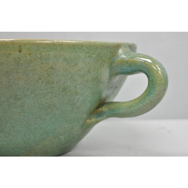 Vintage Primitive Green Glazed Ceramic Pottery Large Mixing Bowl W Handle For Sale - Image 16 of 18