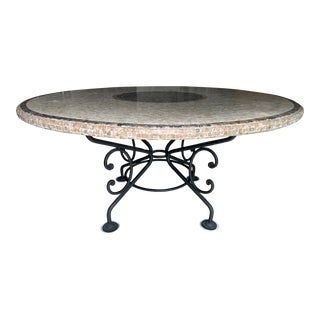 Arhaus Round Travertine Marble Mosaic Dining Room Table in Wrought Iron For Sale