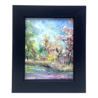 1970s Spring Landscape Impressionist Oil Painting on Masonite Board by Stacy Szmak For Sale