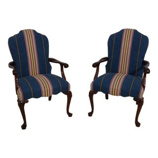 Pair Southwood Damask Upholstered Mahogany Armchairs For Sale