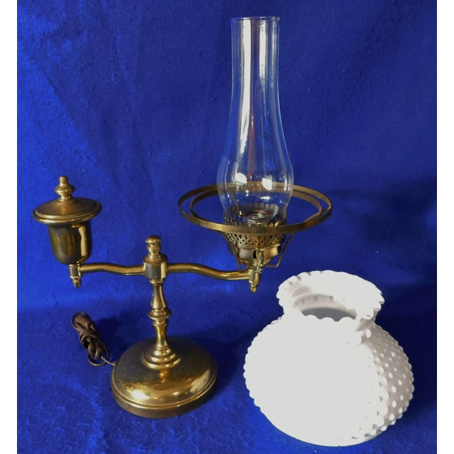 Vintage Mid Century Brass White Hobnail Milk Glass Students Desk Lamp For Sale - Image 10 of 13