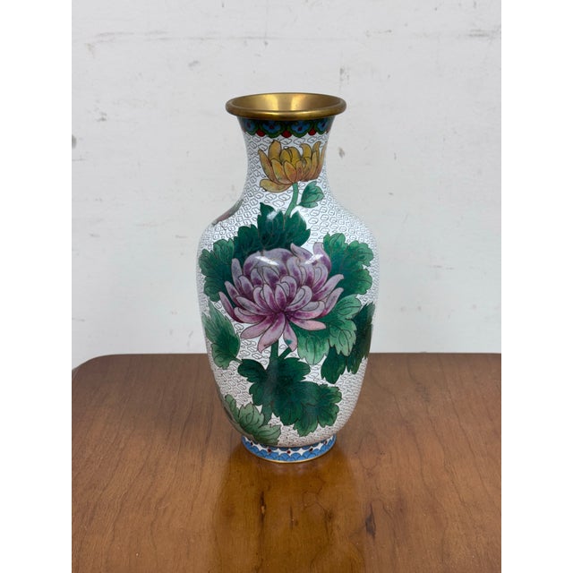 Metal Chinese Enamel Cloisonné Vase With Flowers For Sale - Image 7 of 12