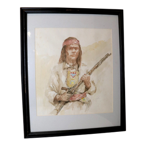 Vintage K Fogel Native American Hunter Folk Art Drawing Watercolor Painting Art