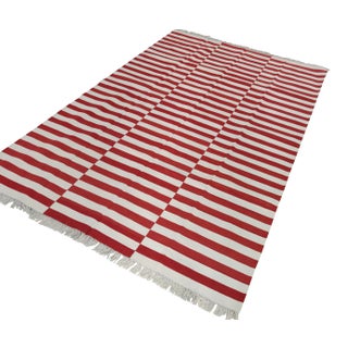 Handmade Cotton Striped Rug, Red And White 6'x9' For Sale