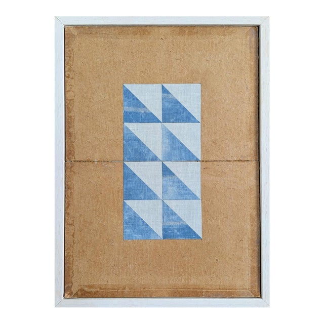 2026 Contemporary 'Geometric Collage in Blue Triangles' Original Mini Abstract Mixed Media Painting by British Artist Dave Boyd, Framed For Sale