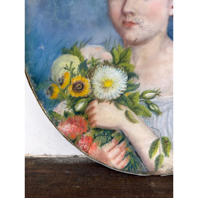 Blue Oval Portrait of a Young Girl with Flowers, 1800s, Pastel Artwork For Sale - Image 8 of 18