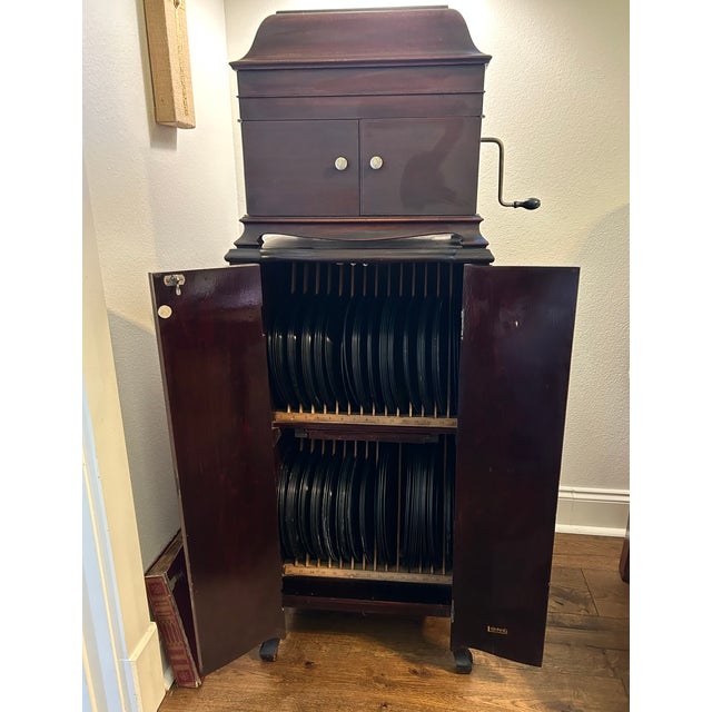 Victorian Antique Victrola Mahogany Console With Record Collection For Sale - Image 3 of 4