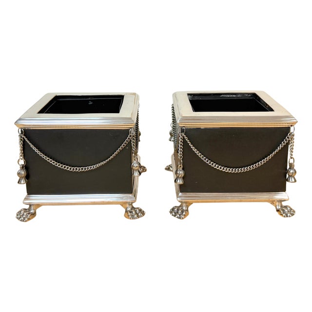 Pair Russian-Style Neoclassical Silverplated Bronze & Leather Paw Feet Cachepots For Sale