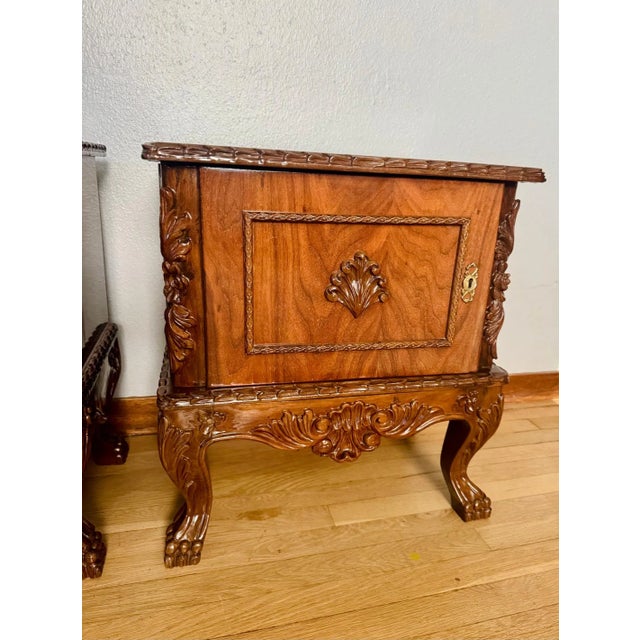 French Mid 20th Century Pair of Carved Wood French Style Nightstands End Tables Figured Veneer Cabinets For Sale - Image 3 of 12