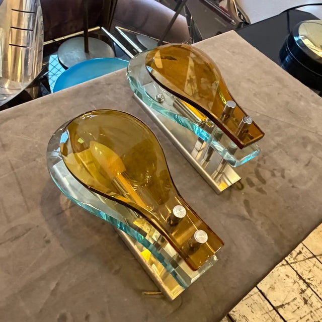 Set of Two 1970s Space Age Amber and Green Heavy Glass Wall Sconces by Veca For Sale - Image 18 of 18