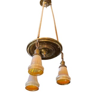 American Steuben Art Nouveau Glass Gold Aurene and Brass Three-Light Pendant Ceiling Light For Sale