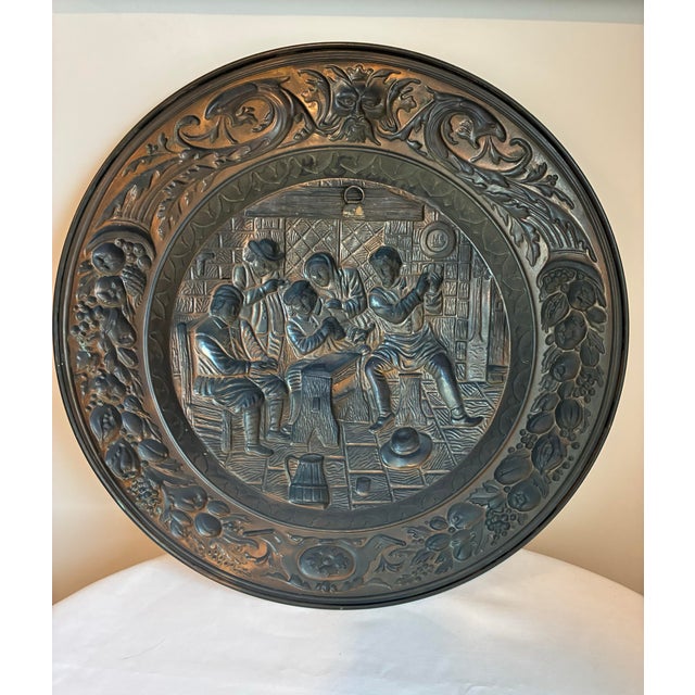 Copper Large 22.5” Antique Dutch Tavern Scene Copper Repoussé Wall Plaque / Charger Circa 1890’s For Sale - Image 8 of 12