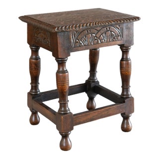 Antique English Carved Tiger Oak Joint Stool Side Table For Sale