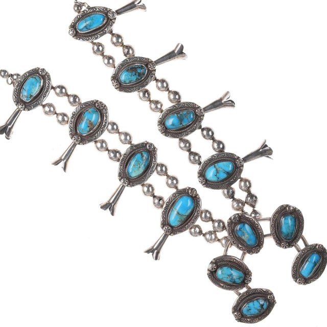 Native American Vintage Native American Silver and Turquoise Squash Blossom Necklace For Sale - Image 3 of 5