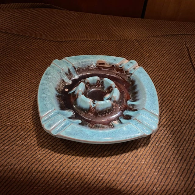 Mid-Century Modern Mid Century Blue and Brown Drip Glaze Ashtray For Sale - Image 3 of 6