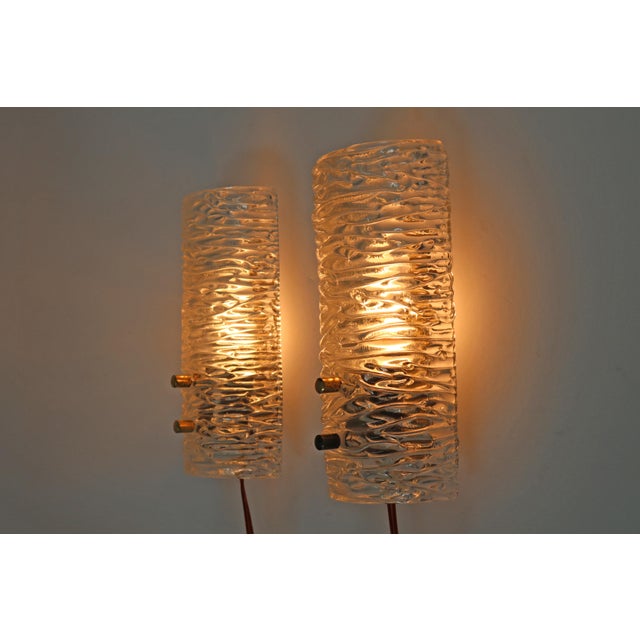 Carl Fagerlund for Orrefors Sweden 1960s 2 x Crystal Wall Lights Frosted glass / brass Height: 23cm Width: 10.5cm Depth:...