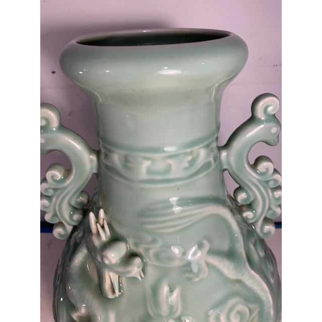 Ceramic 1970s Vintage Large Celadon Dragon Urn/Vase With Peacock Handles For Sale - Image 7 of 10