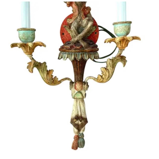 Wood Vintage Italian Carved Wood Monkey Wall Sconces, Hand-Painted - a Pair For Sale - Image 7 of 14