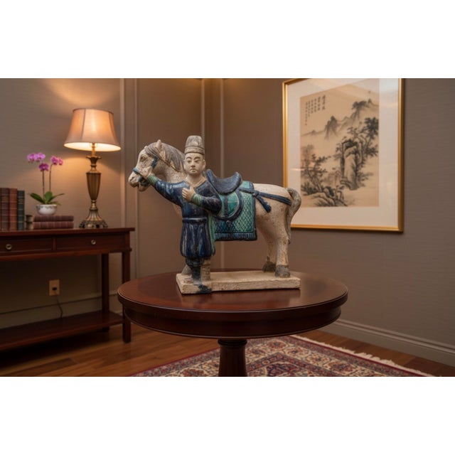 Antique 16th Century Chinese Ming Dynasty Glazed Pottery Horse and Groom - Rare Cobalt Blue and Turquoise Mingqi For Sale - Image 13 of 13