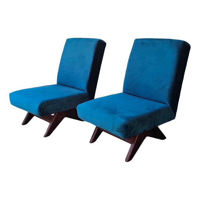 Mid-Century Petrol Blue Velvet Armchairs with Wooden Cross Legs, Italy, 1960s, Set of 2 For Sale