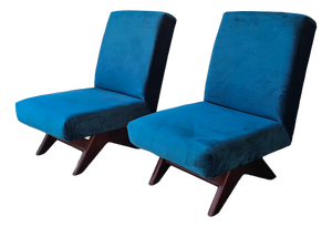 Mid-Century Petrol Blue Velvet Armchairs with Wooden Cross Legs, Italy, 1960s, Set of 2