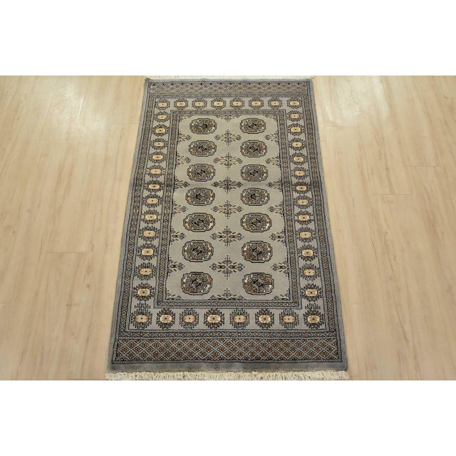 Tribal Bokhara Rug 3′ X 4’11” Gray Wool Tribal Hand-Knotted Oriental Carpet For Sale - Image 3 of 10