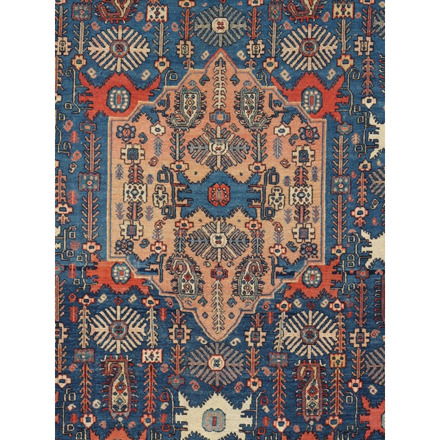 Antique Senneh Rug with Multicolored Silk Warp, Handmade, Ivory, Red, Light Blue For Sale - Image 4 of 6