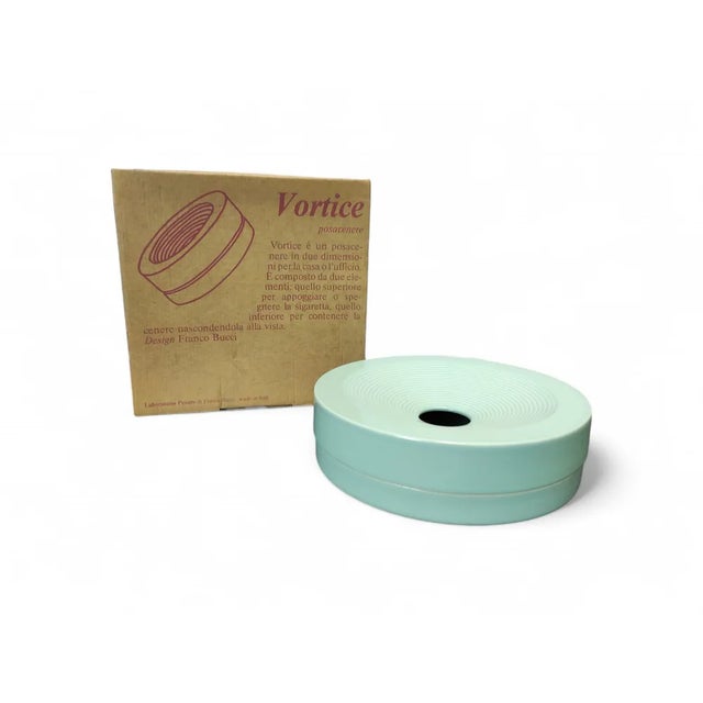 Turquoise ceramic ashtray by Franco Bucci for Laboratorio Pesaro from the 1970s. Equipped with its original box. New and...